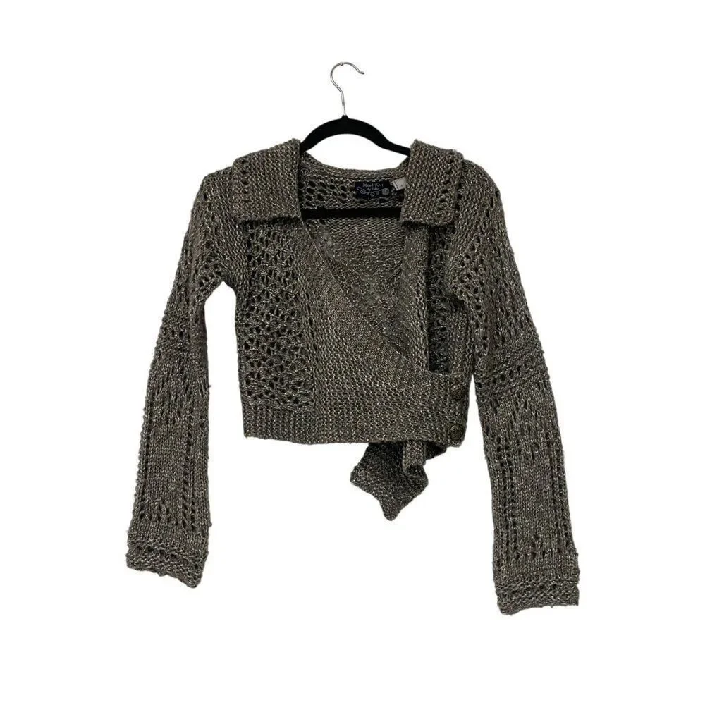 Anthropologie Hand Knit by Dollie Wrap Sweater Small S Gray Metallic Cropped EUC